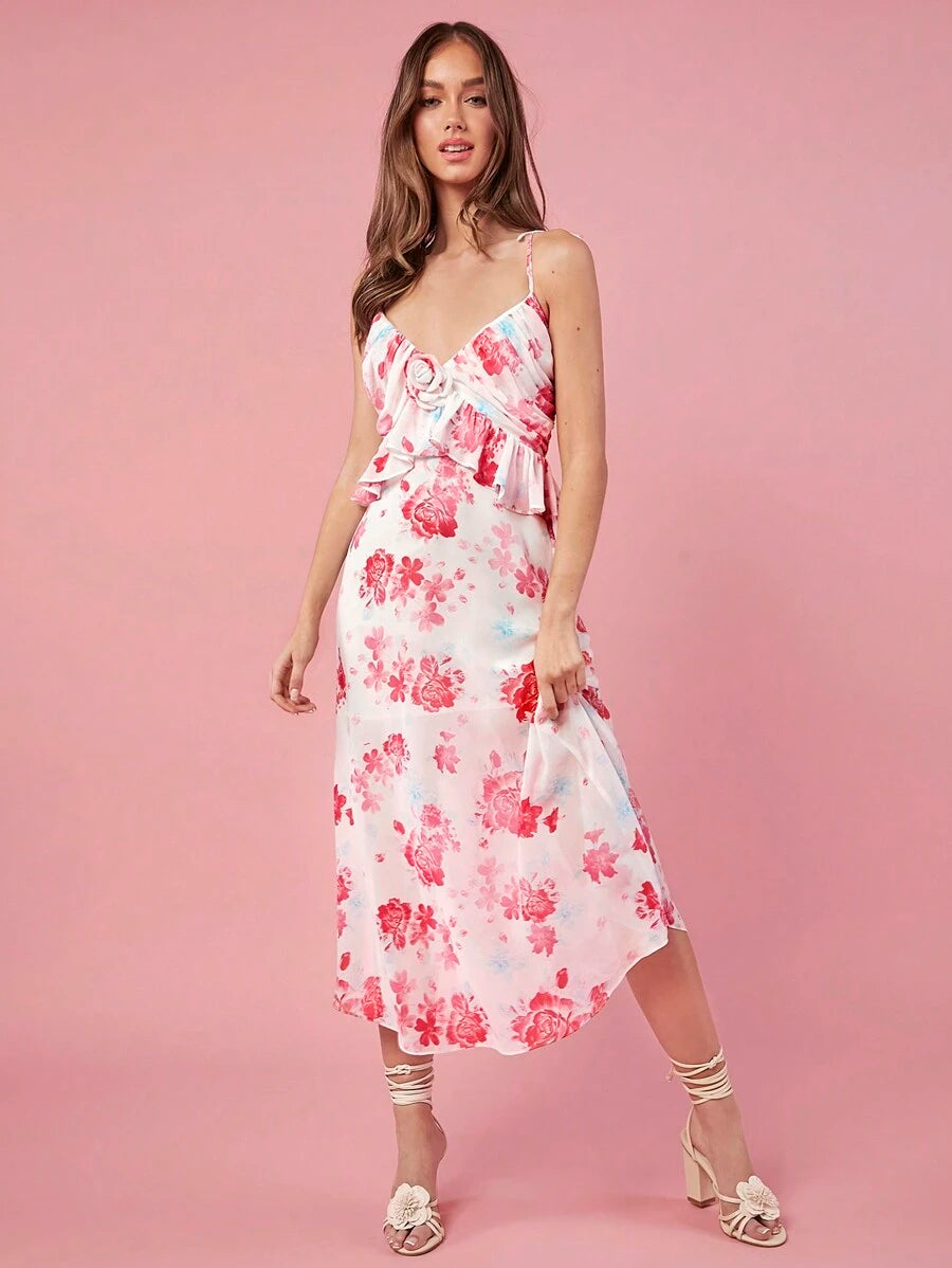 Vestido Longo com Alças Finas, Babados e Estampa Floral