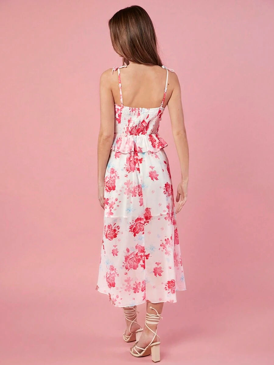 Vestido Longo com Alças Finas, Babados e Estampa Floral