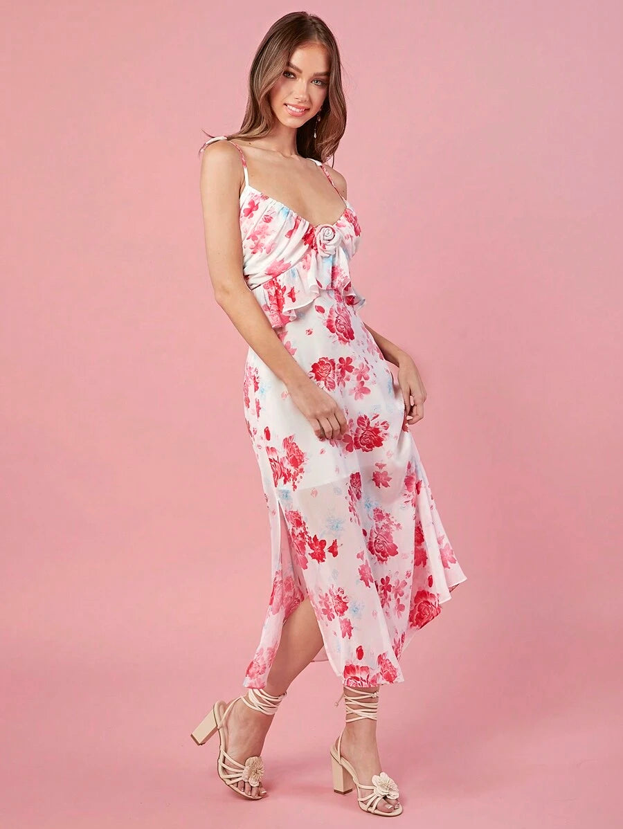 Vestido Longo com Alças Finas, Babados e Estampa Floral