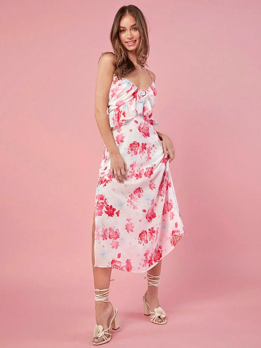 Vestido Longo com Alças Finas, Babados e Estampa Floral