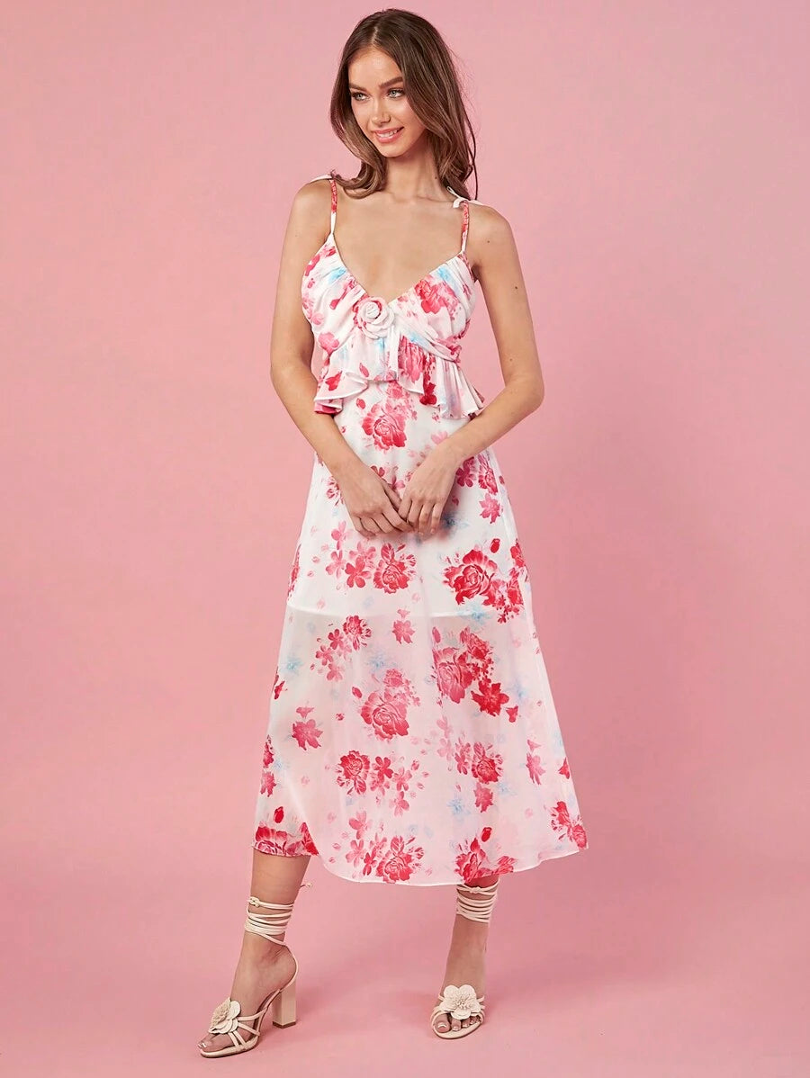 Vestido Longo com Alças Finas, Babados e Estampa Floral
