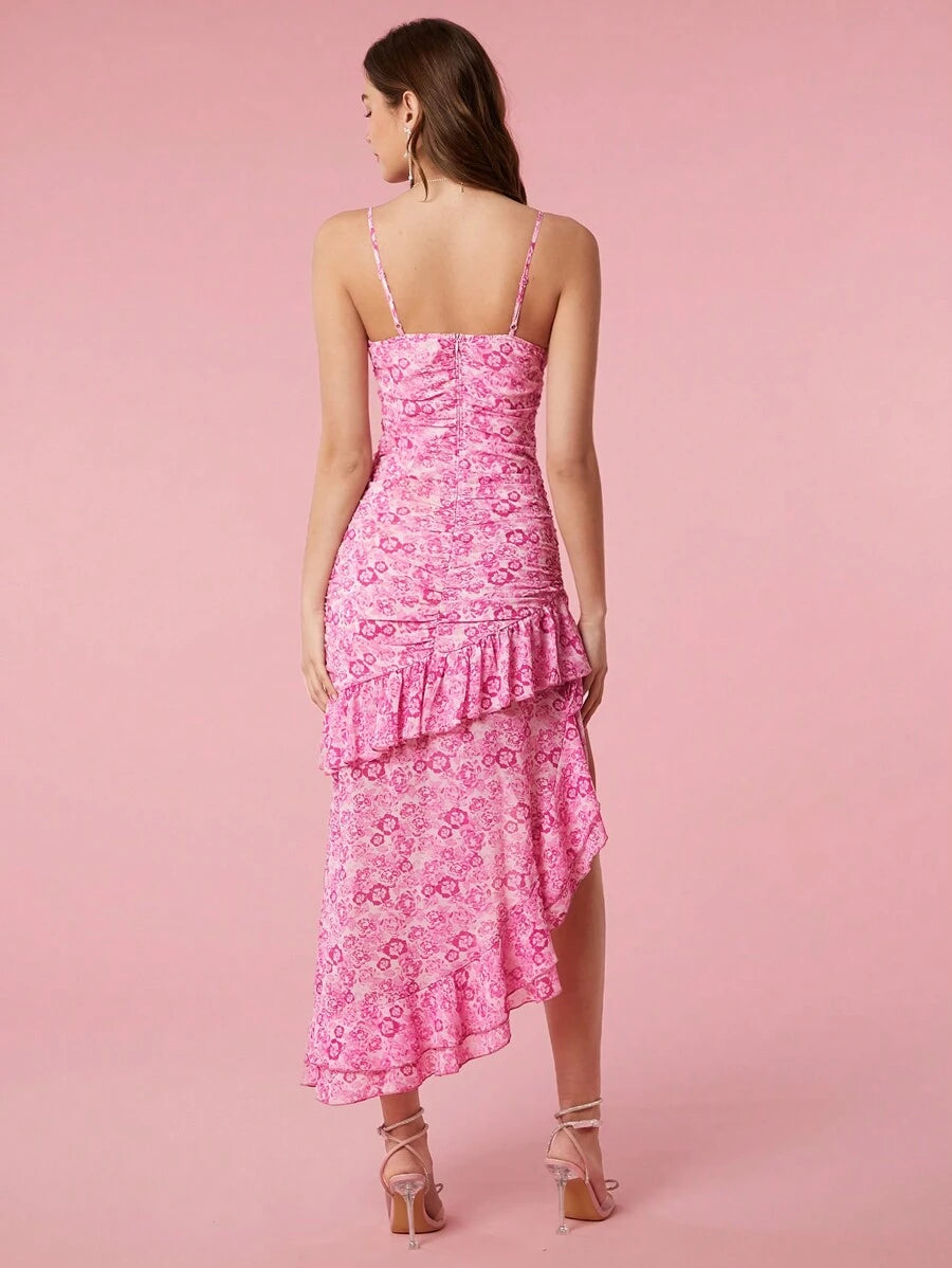 Vestido Longo Assimétrico com Alças Finas e Estampa Floral