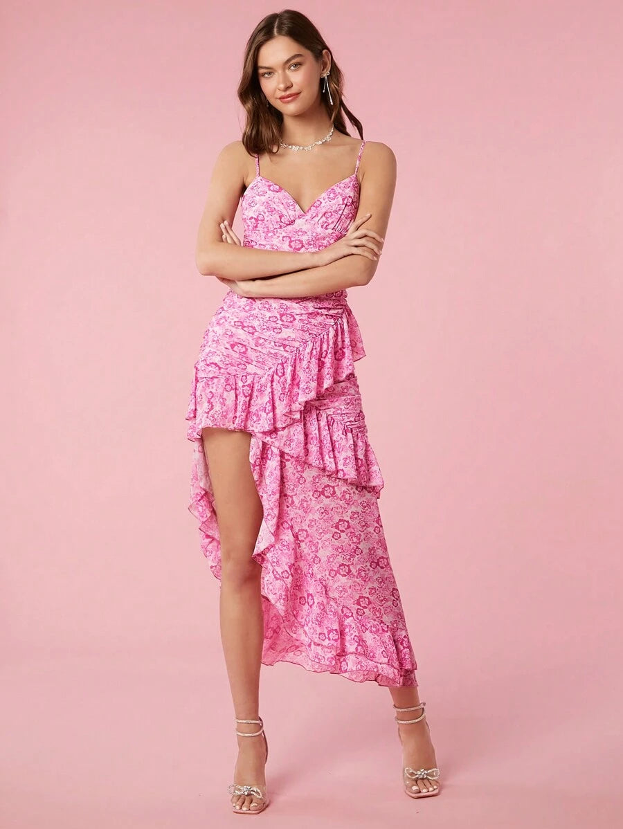 Vestido Longo Assimétrico com Alças Finas e Estampa Floral