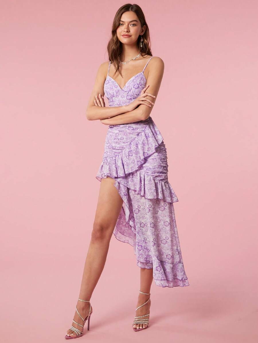 Vestido Longo Assimétrico com Alças Finas e Estampa Floral