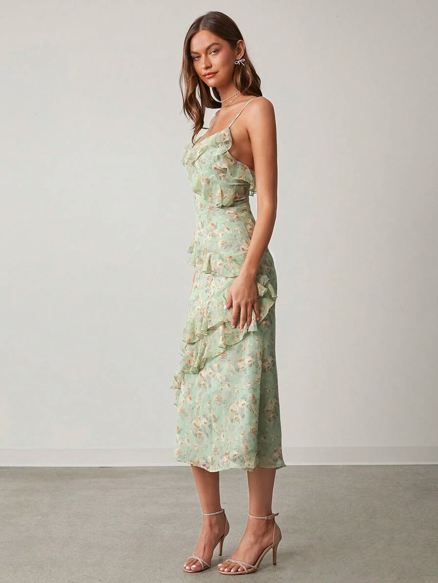 Vestido Longo com Alças Finas e Babados Florais