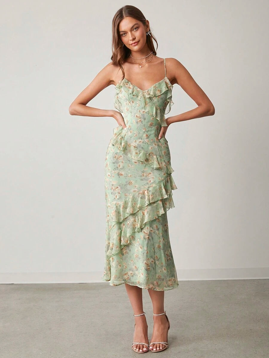 Vestido Longo com Alças Finas e Babados Florais