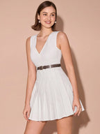 Vestido Curto Plissado Sem Mangas com Cinto