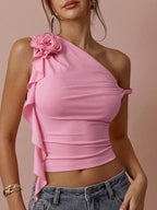 Top Assimétrico Feminino Romântico com Rosa 3D no Ombro