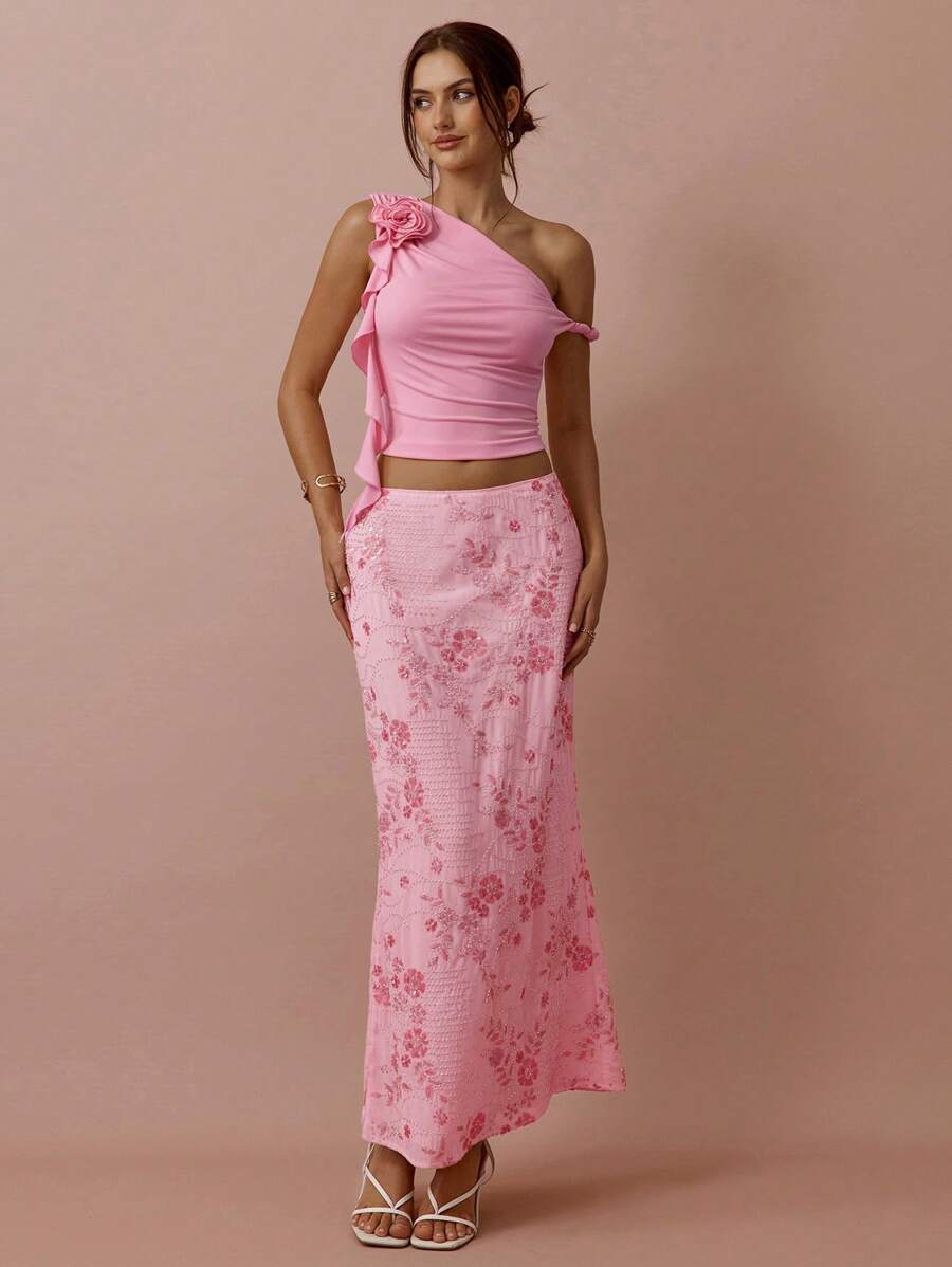 Top Assimétrico Feminino Romântico com Rosa 3D no Ombro