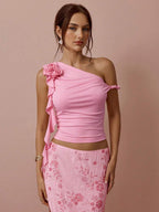 Top Assimétrico Feminino Romântico com Rosa 3D no Ombro