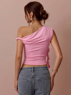 Top Assimétrico Feminino Romântico com Rosa 3D no Ombro