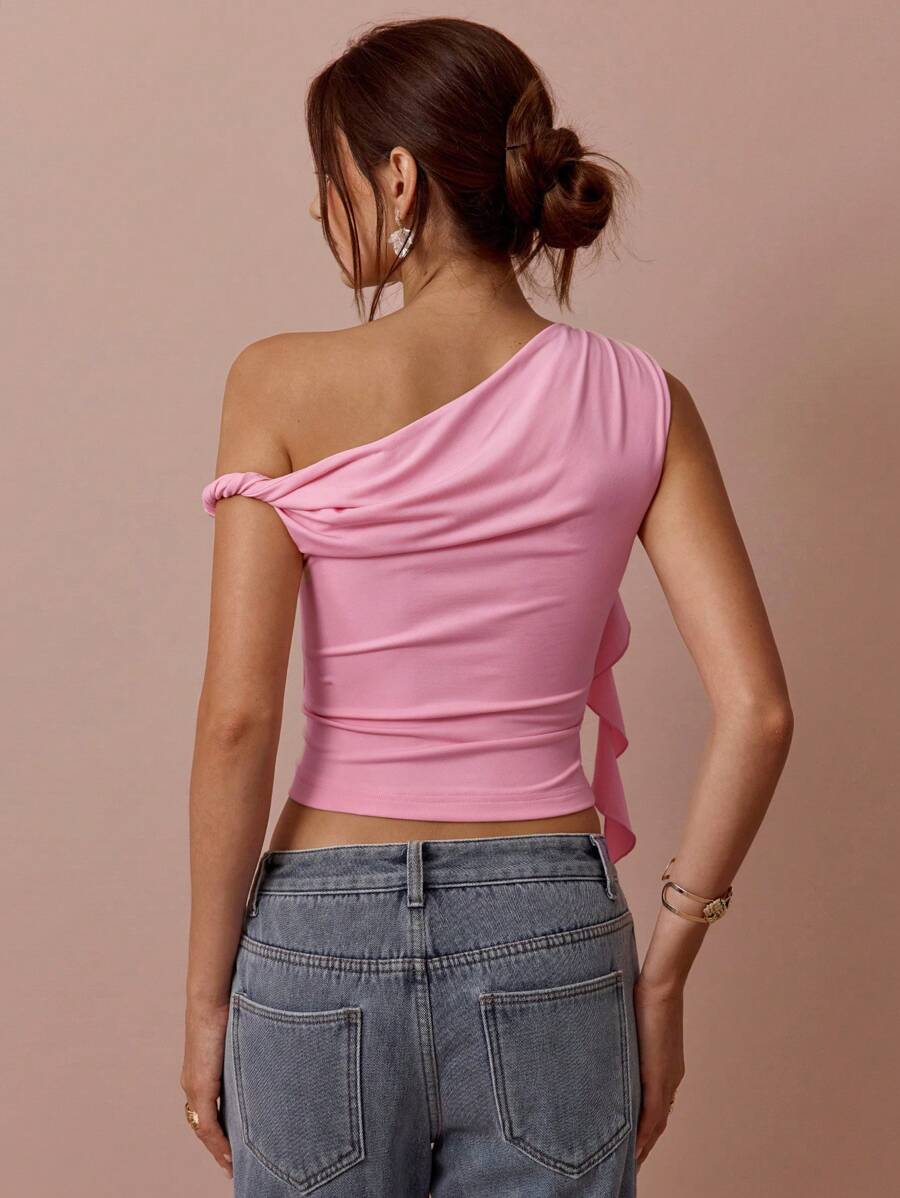 Top Assimétrico Feminino Romântico com Rosa 3D no Ombro