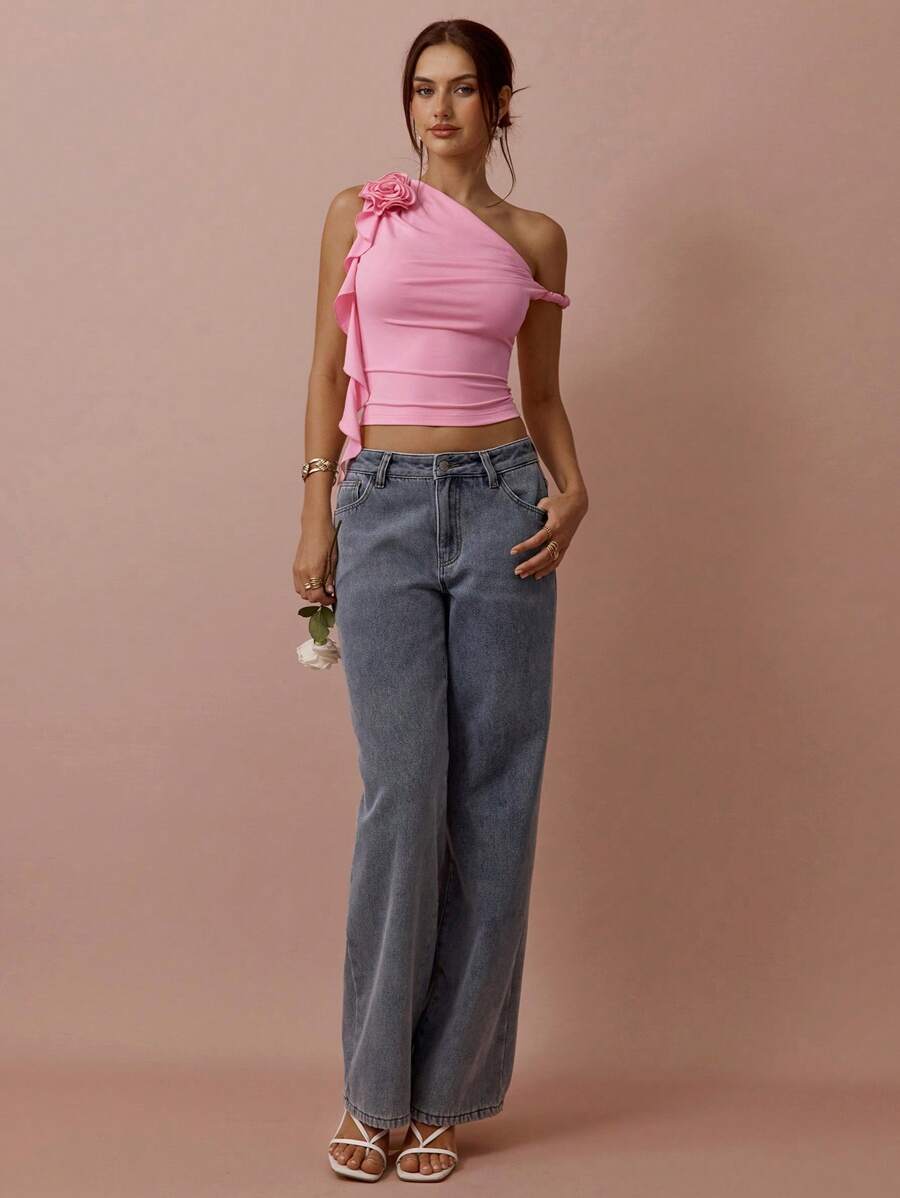 Top Assimétrico Feminino Romântico com Rosa 3D no Ombro