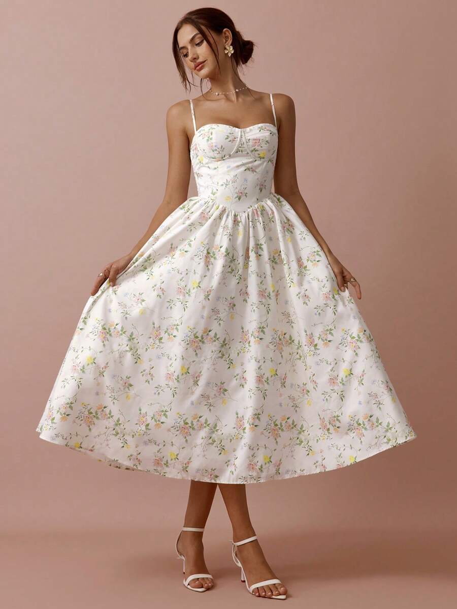 Vestido Longo com Alças Finas e Estampa Floral