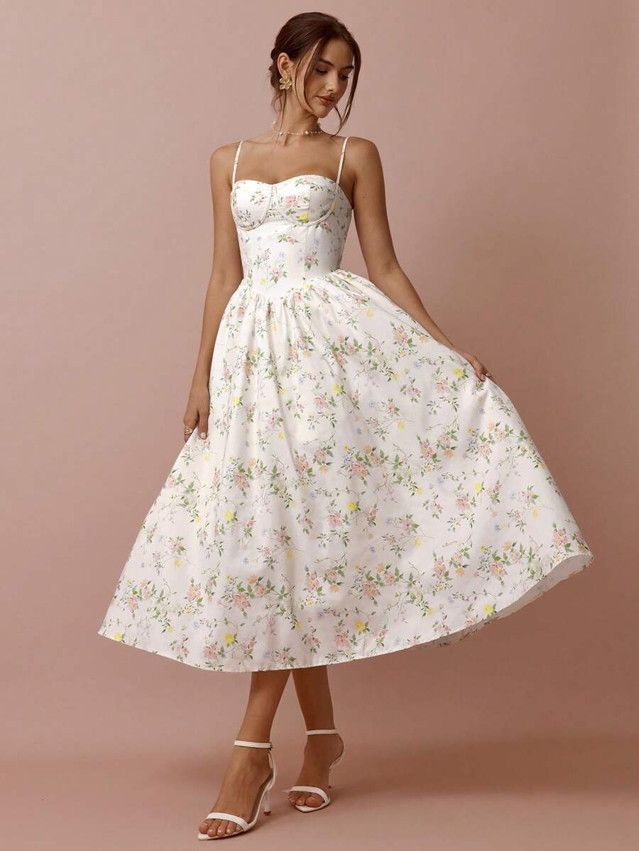 Vestido Longo com Alças Finas e Estampa Floral