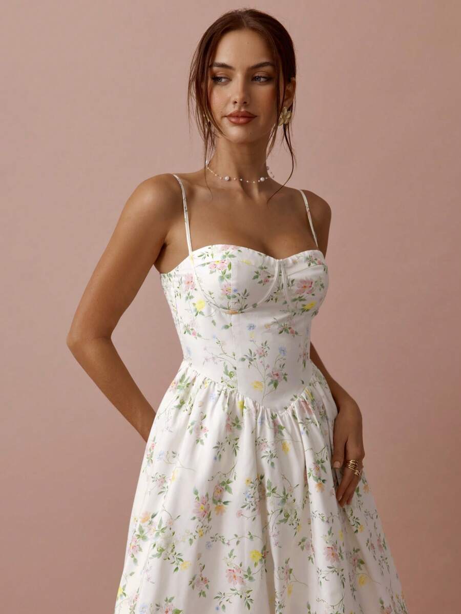 Vestido Longo com Alças Finas e Estampa Floral