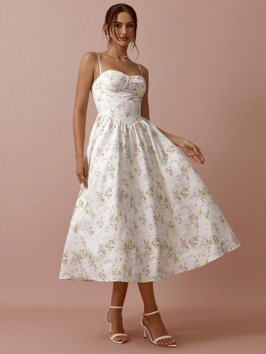 Vestido Longo com Alças Finas e Estampa Floral