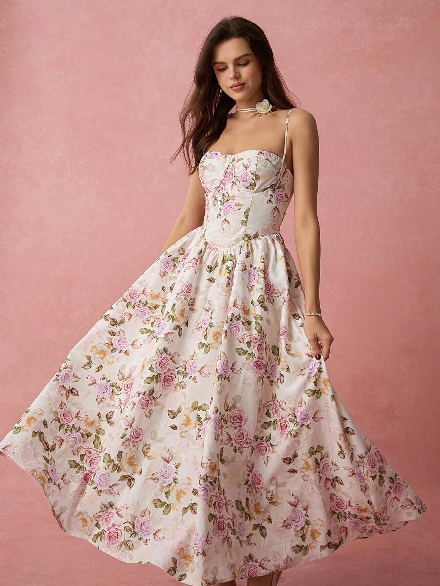 Vestido Longo com Alças Finas e Estampa Floral