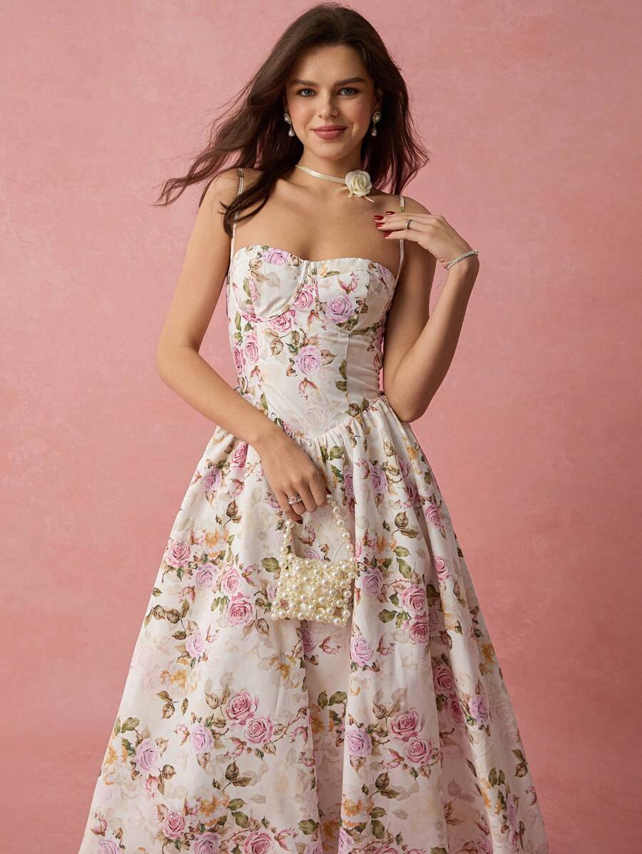 Vestido Longo com Alças Finas e Estampa Floral