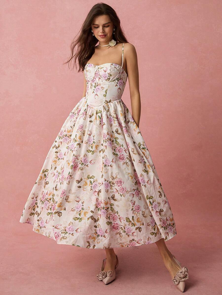 Vestido Longo com Alças Finas e Estampa Floral