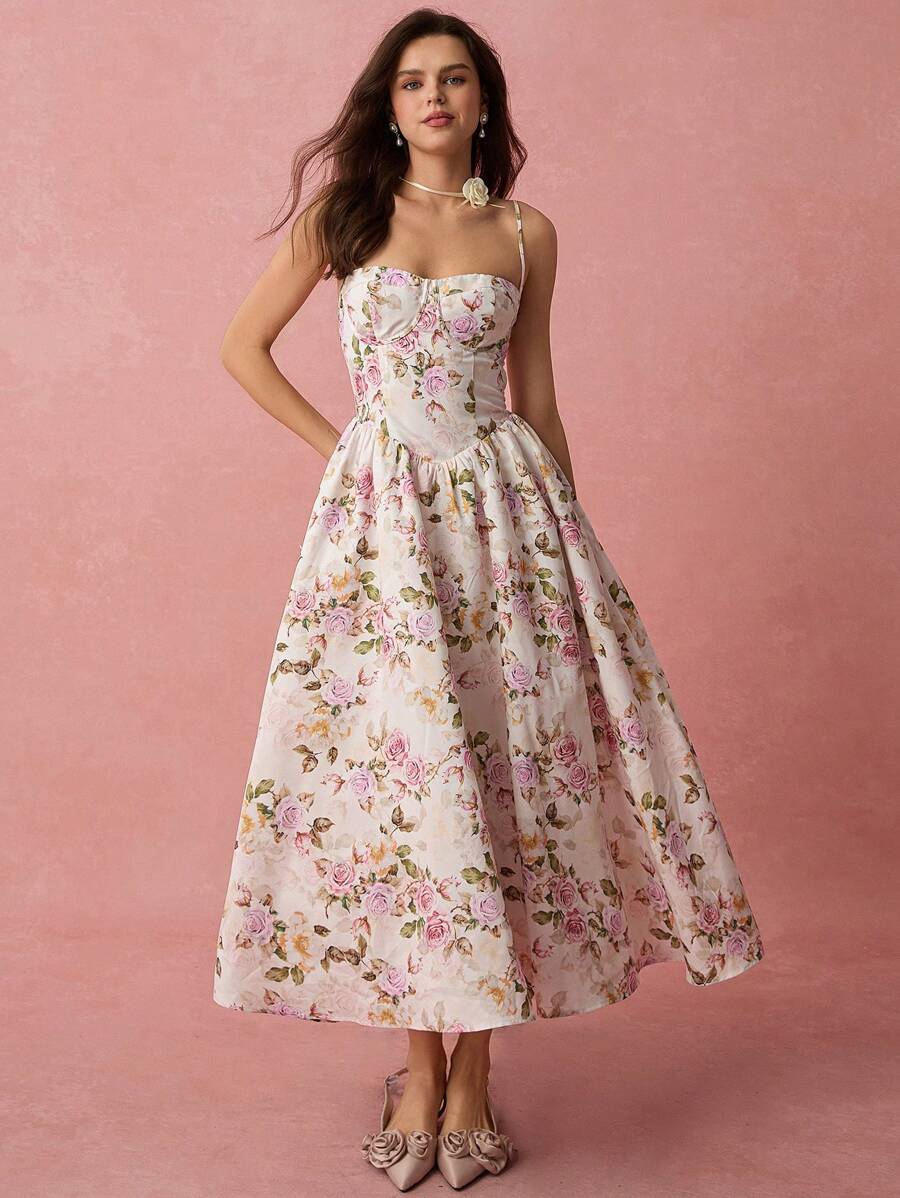 Vestido Longo com Alças Finas e Estampa Floral