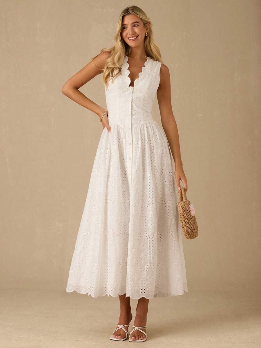 Vestido Longo Elegante com Decote em V Bordado e Cintura Ajustada