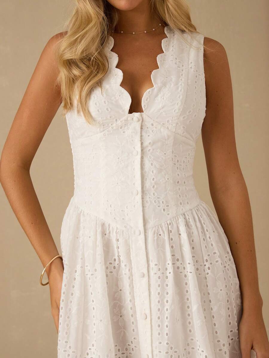 Vestido Longo Elegante com Decote em V Bordado e Cintura Ajustada