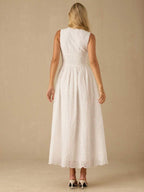 Vestido Longo Elegante com Decote em V Bordado e Cintura Ajustada