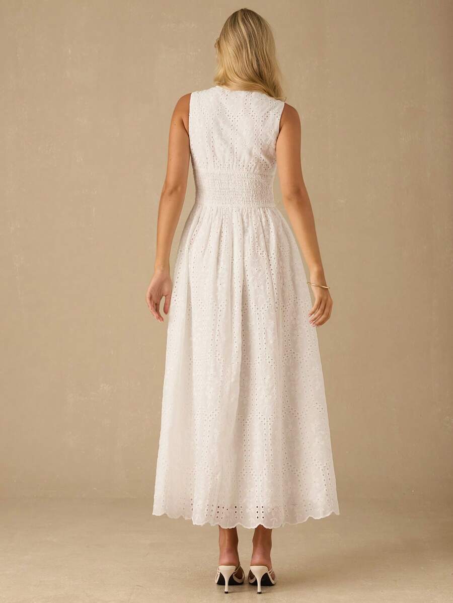 Vestido Longo Elegante com Decote em V Bordado e Cintura Ajustada