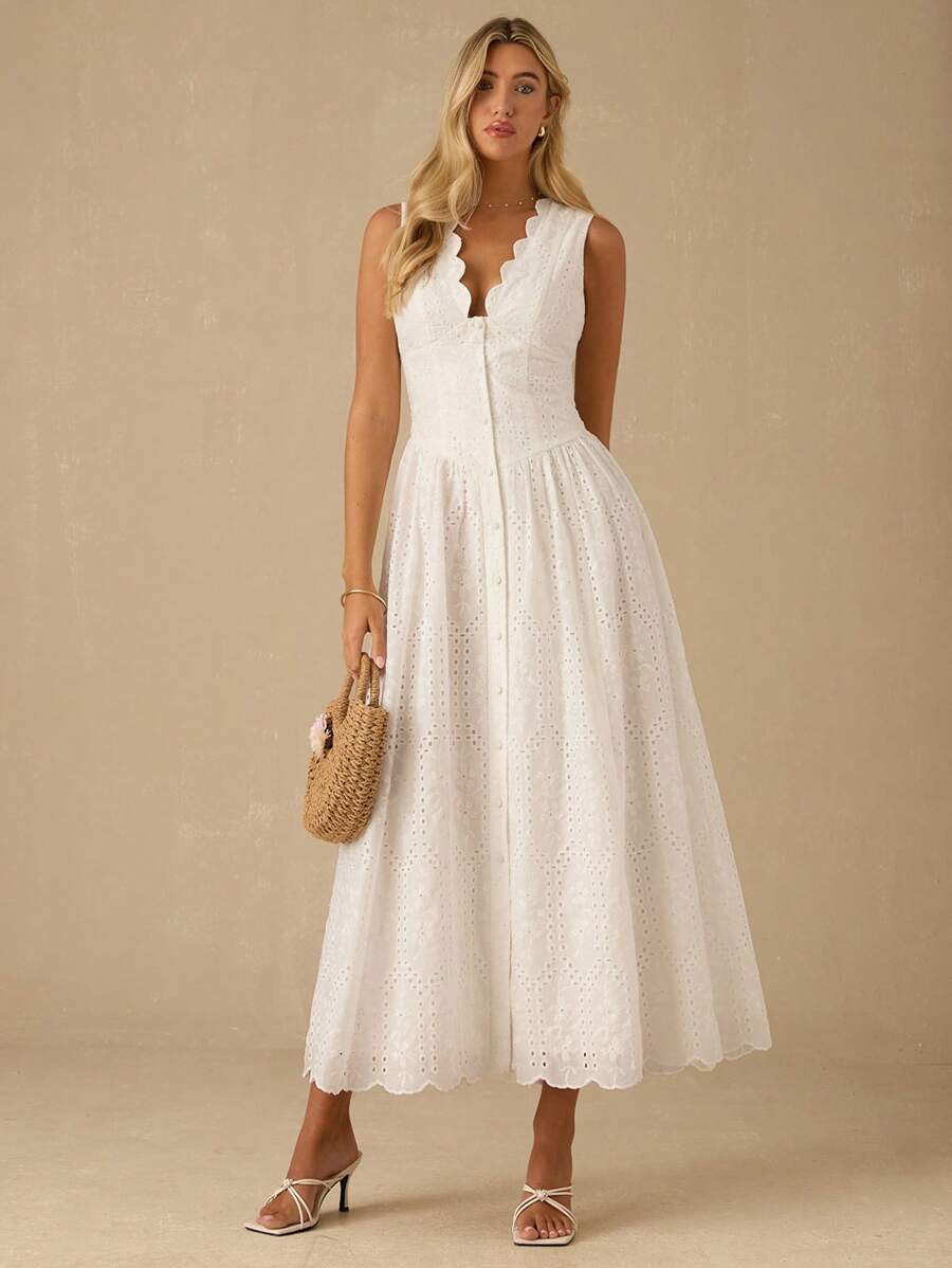 Vestido Longo Elegante com Decote em V Bordado e Cintura Ajustada