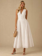 Vestido Longo Elegante com Decote em V Bordado e Cintura Ajustada