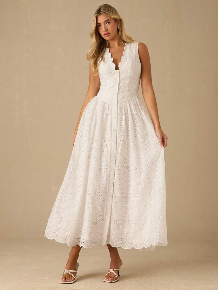 Vestido Longo Elegante com Decote em V Bordado e Cintura Ajustada