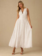 Vestido Longo Elegante com Decote em V Bordado e Cintura Ajustada