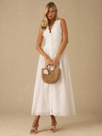 Vestido Longo Elegante com Decote em V Bordado e Cintura Ajustada