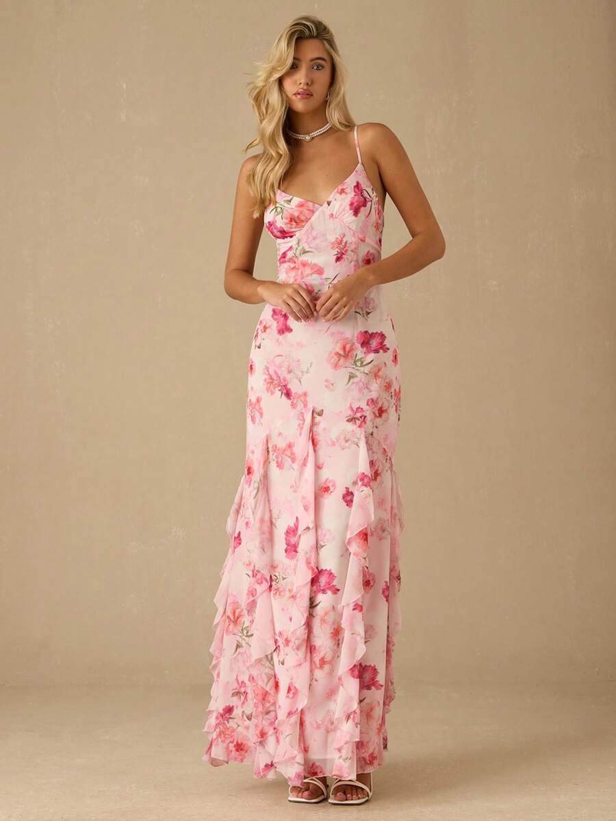 Vestido Longo Romântico com Estampa Floral e Alças Finas