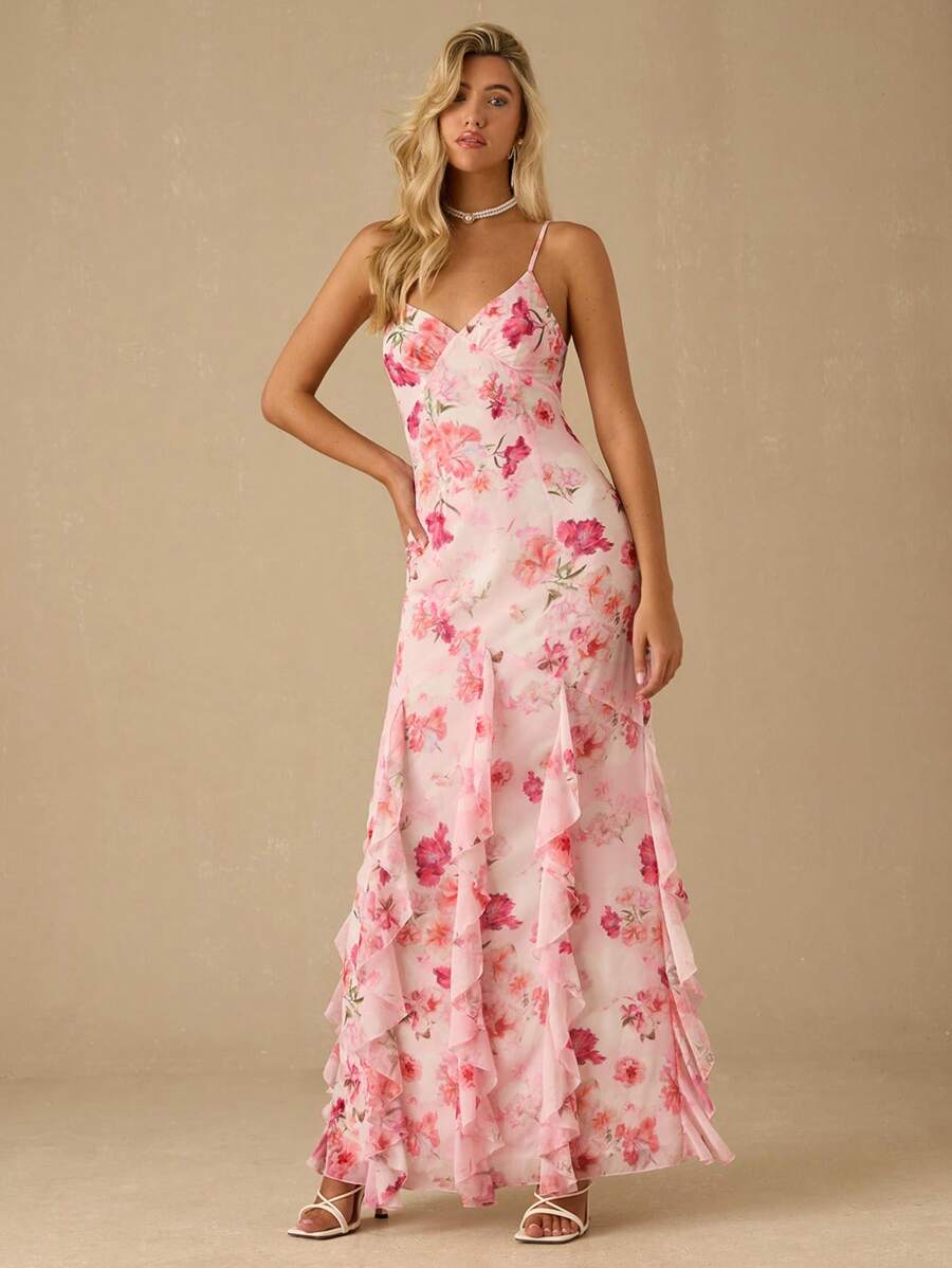 Vestido Longo Romântico com Estampa Floral e Alças Finas