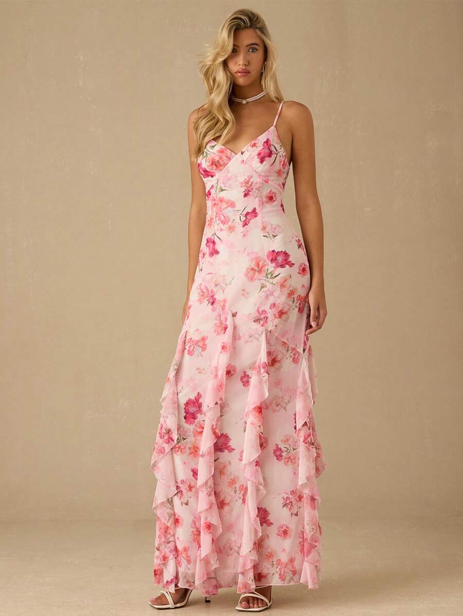 Vestido Longo Romântico com Estampa Floral e Alças Finas