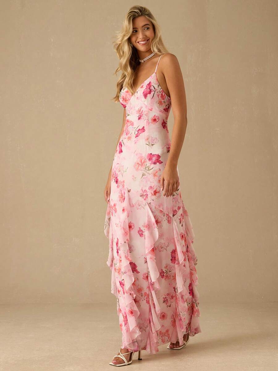 Vestido Longo Romântico com Estampa Floral e Alças Finas