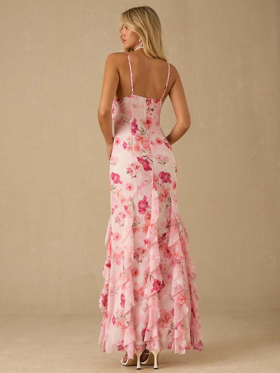 Vestido Longo Romântico com Estampa Floral e Alças Finas