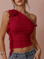 Top Assimétrico Feminino Romântico com Rosa 3D no Ombro