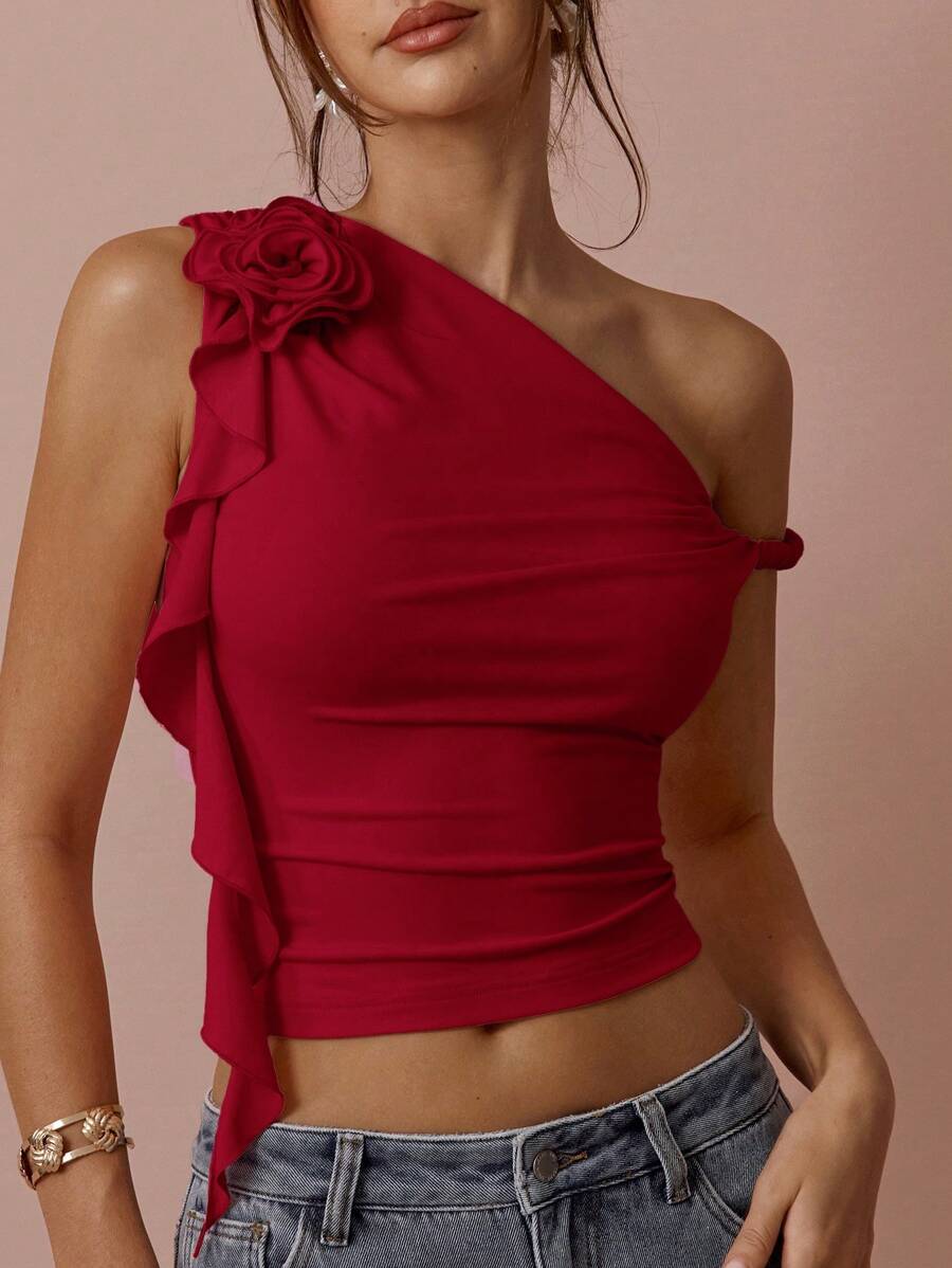 Top Assimétrico Feminino Romântico com Rosa 3D no Ombro