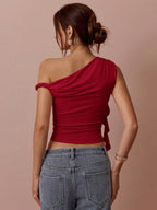 Top Assimétrico Feminino Romântico com Rosa 3D no Ombro