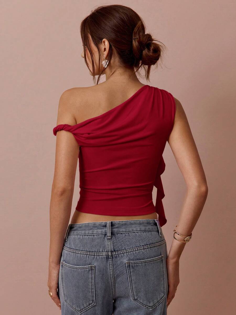 Top Assimétrico Feminino Romântico com Rosa 3D no Ombro