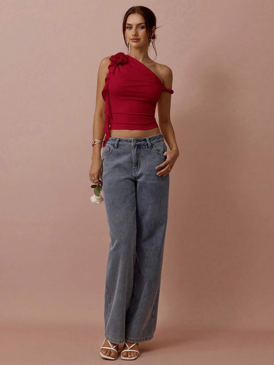 Top Assimétrico Feminino Romântico com Rosa 3D no Ombro