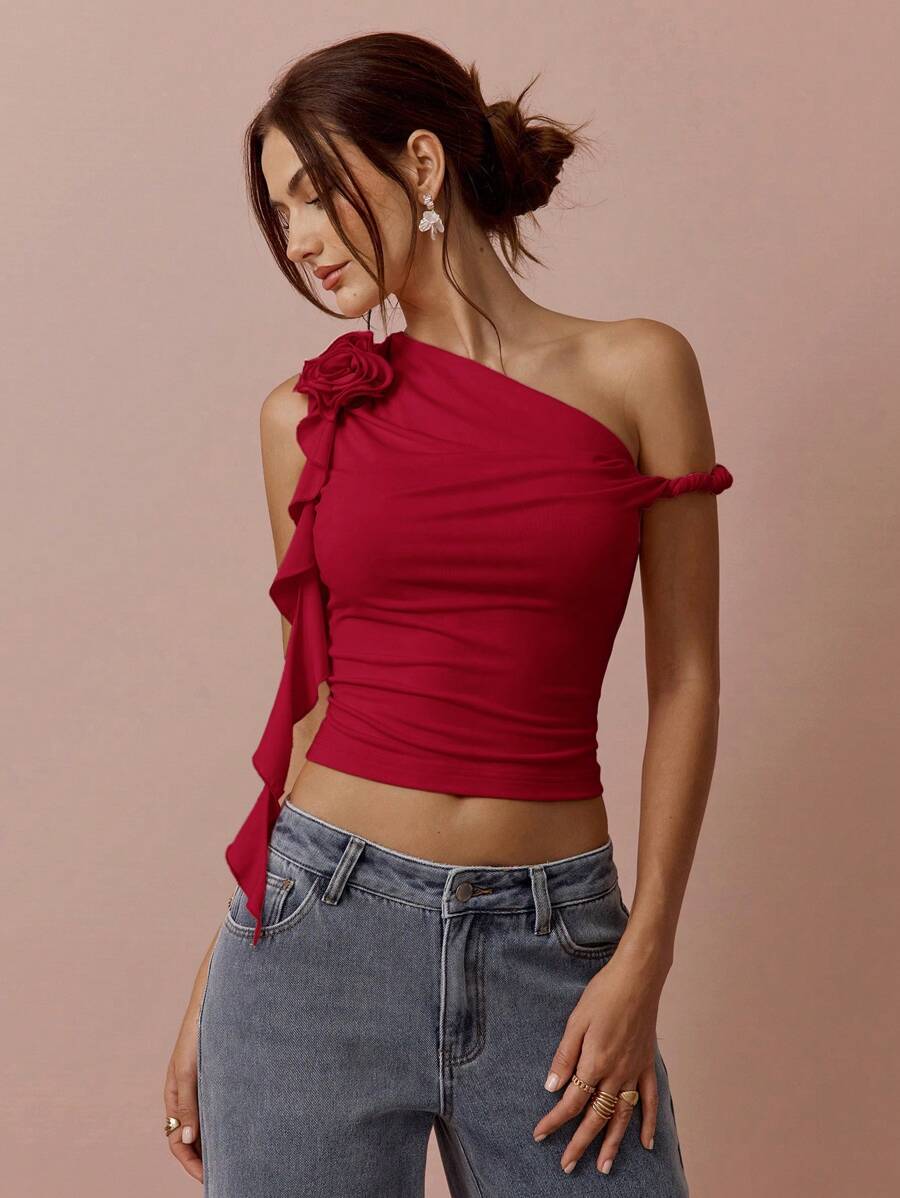 Top Assimétrico Feminino Romântico com Rosa 3D no Ombro