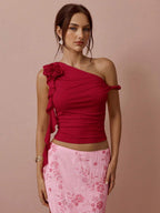 Top Assimétrico Feminino Romântico com Rosa 3D no Ombro