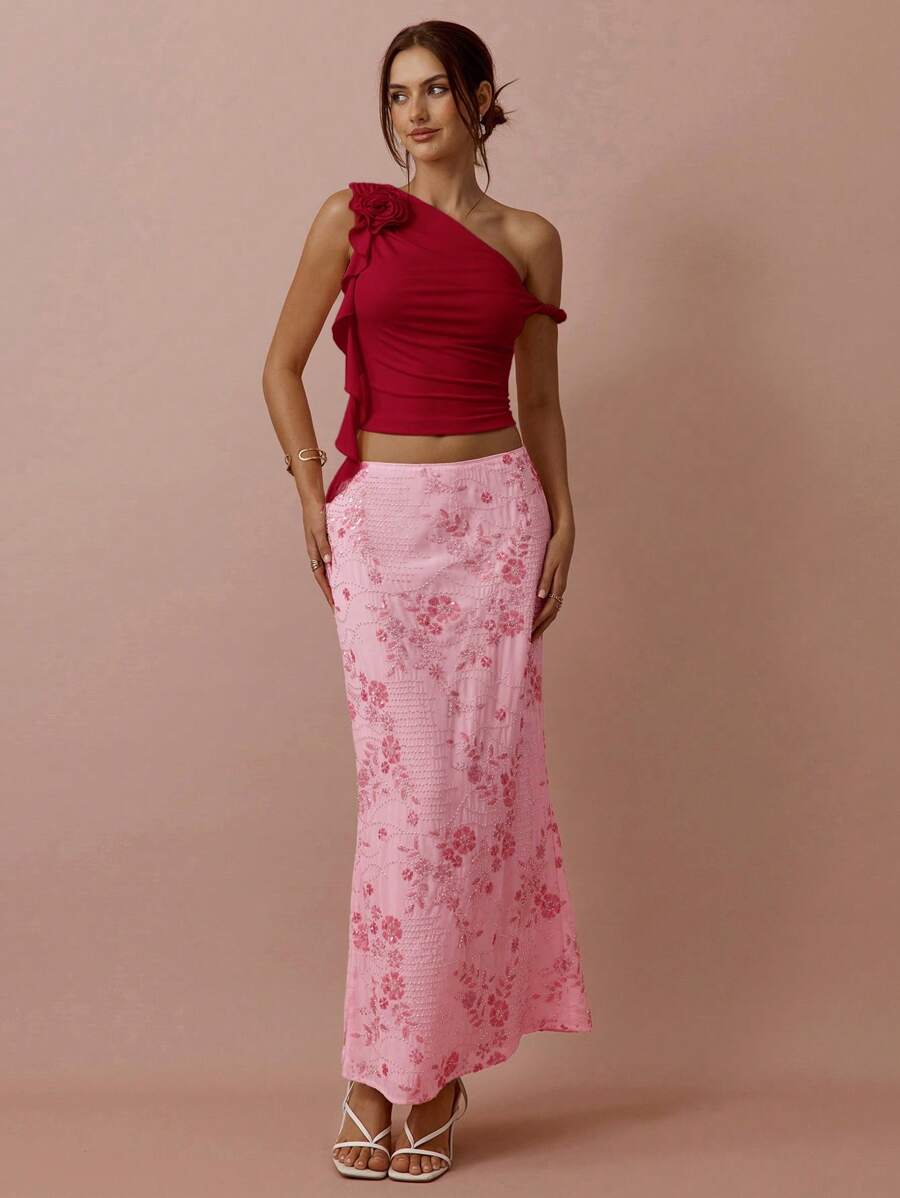 Top Assimétrico Feminino Romântico com Rosa 3D no Ombro