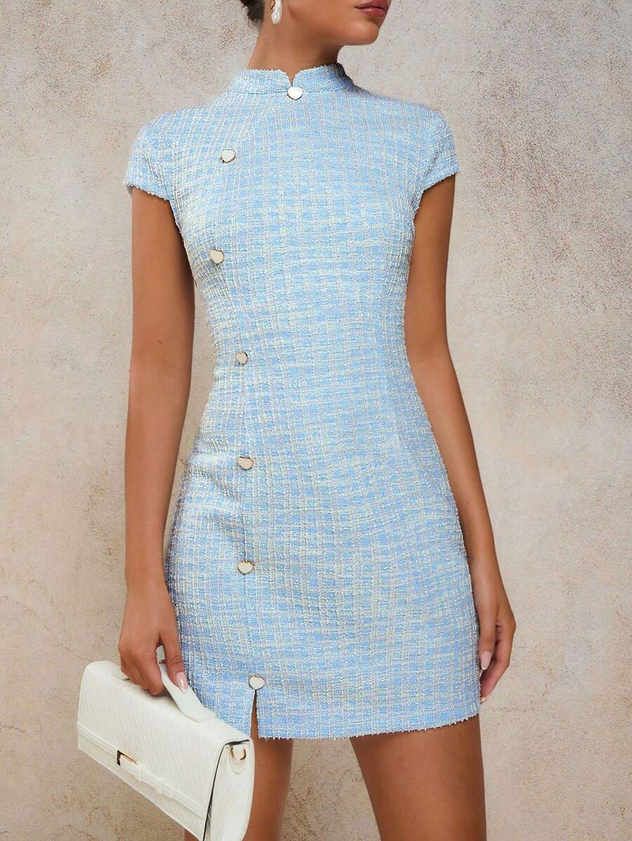 Vestido Mini Elegante de Tweed com Botões