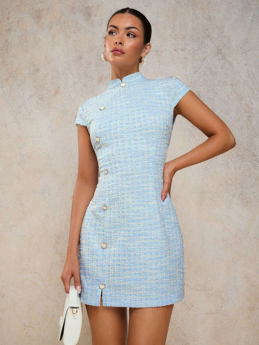 Vestido Mini Elegante de Tweed com Botões