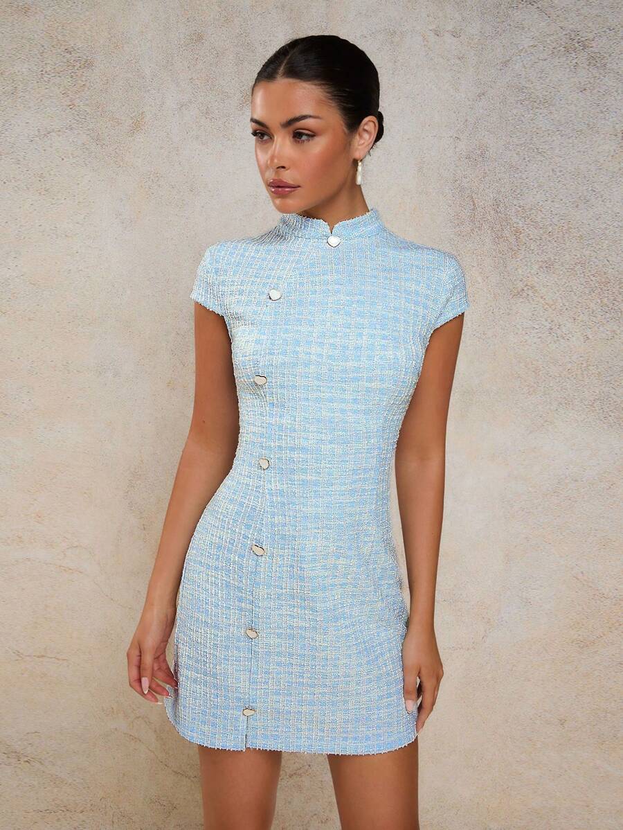 Vestido Mini Elegante de Tweed com Botões